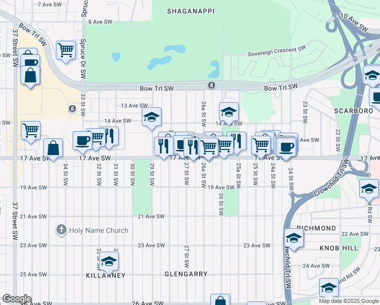 map of restaurants, bars, coffee shops, grocery stores, and more near in Calgary