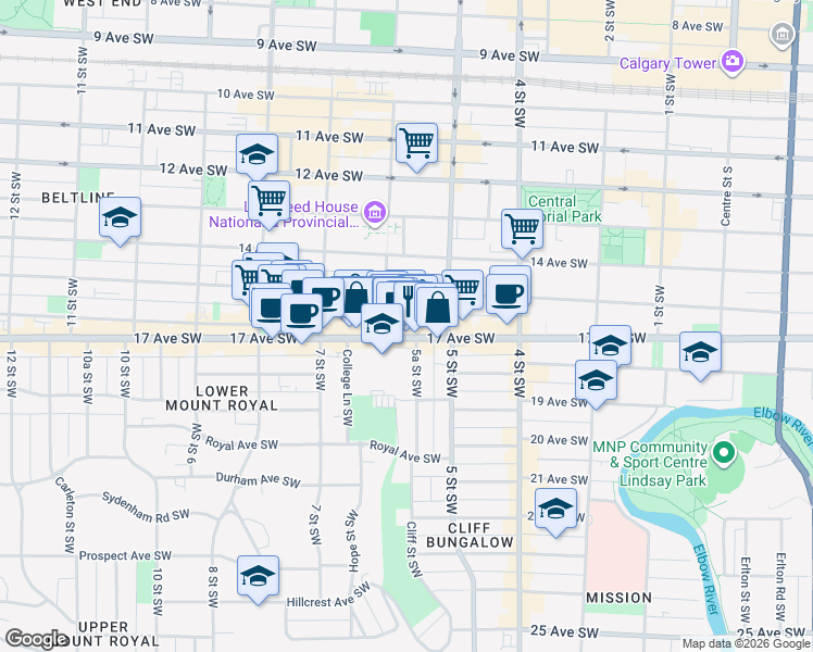 map of restaurants, bars, coffee shops, grocery stores, and more near 628 17 Avenue Southwest in Calgary