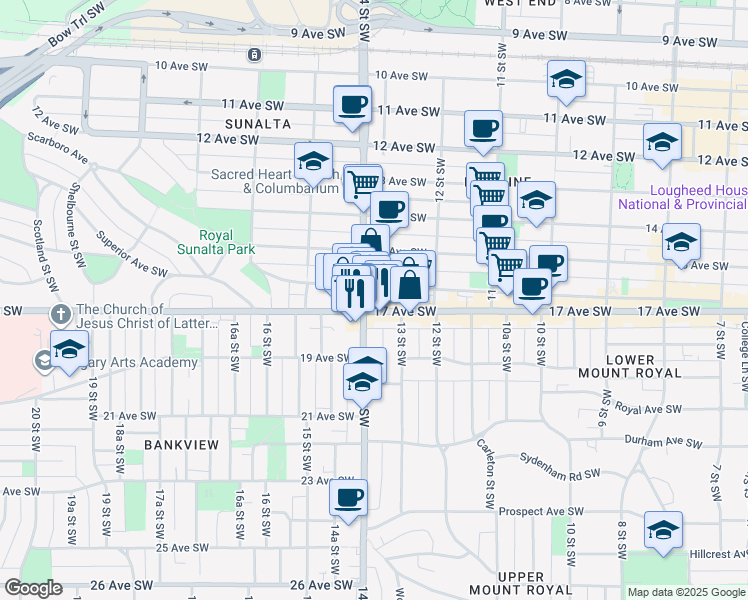 map of restaurants, bars, coffee shops, grocery stores, and more near 1428 17 Avenue Southwest in Calgary