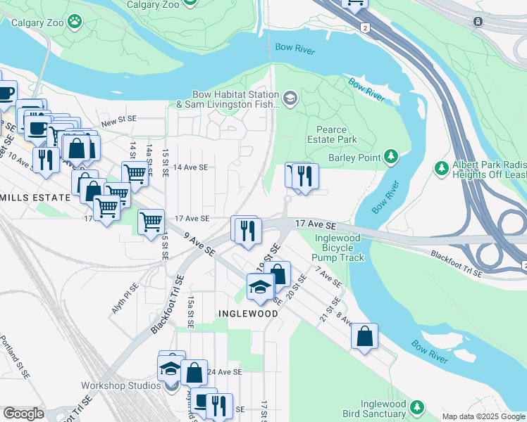 map of restaurants, bars, coffee shops, grocery stores, and more near 8 Blackfoot Trail Southeast in Calgary
