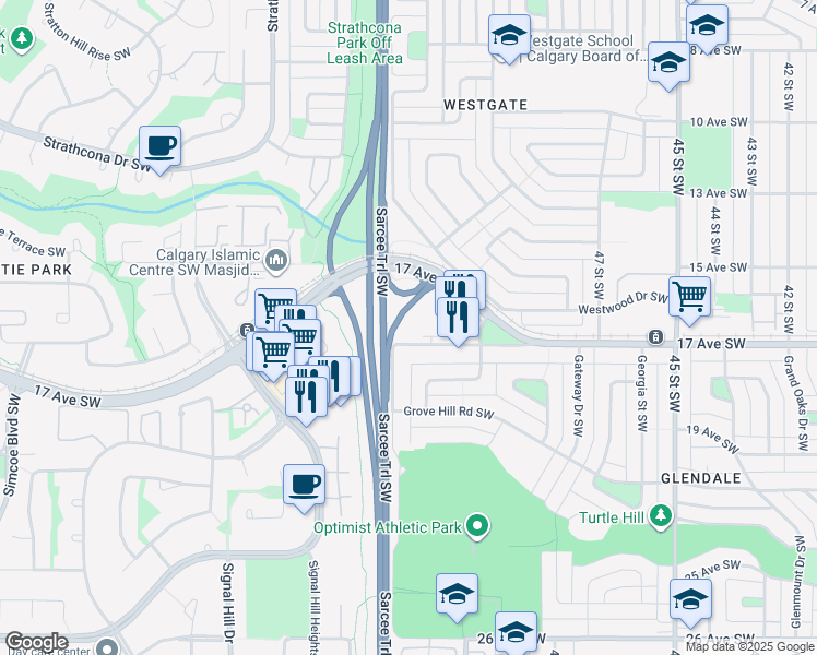 map of restaurants, bars, coffee shops, grocery stores, and more near 5340 17 Avenue Southwest in Calgary