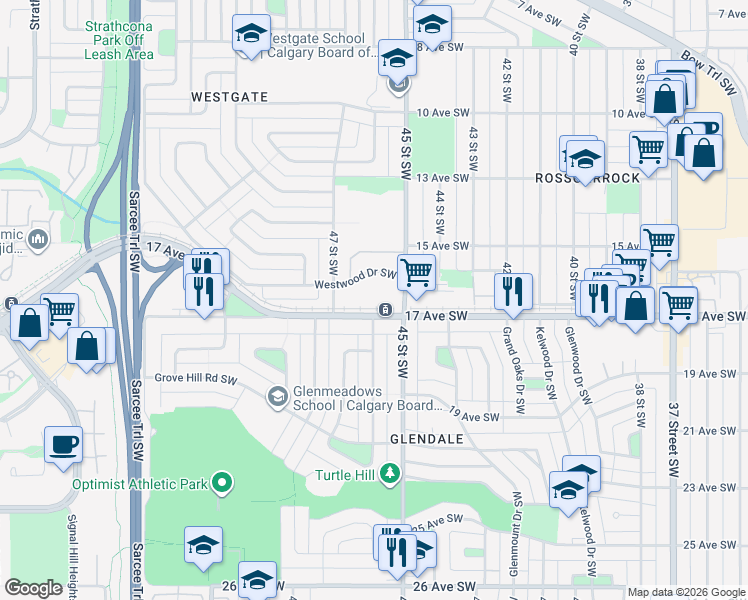map of restaurants, bars, coffee shops, grocery stores, and more near 4707 17 Avenue Southwest in Calgary