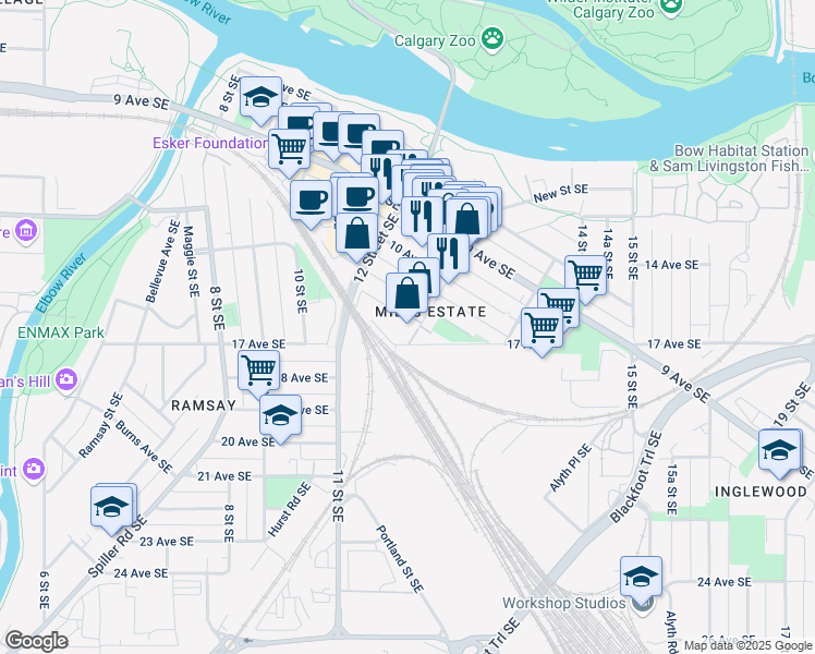 map of restaurants, bars, coffee shops, grocery stores, and more near in Calgary
