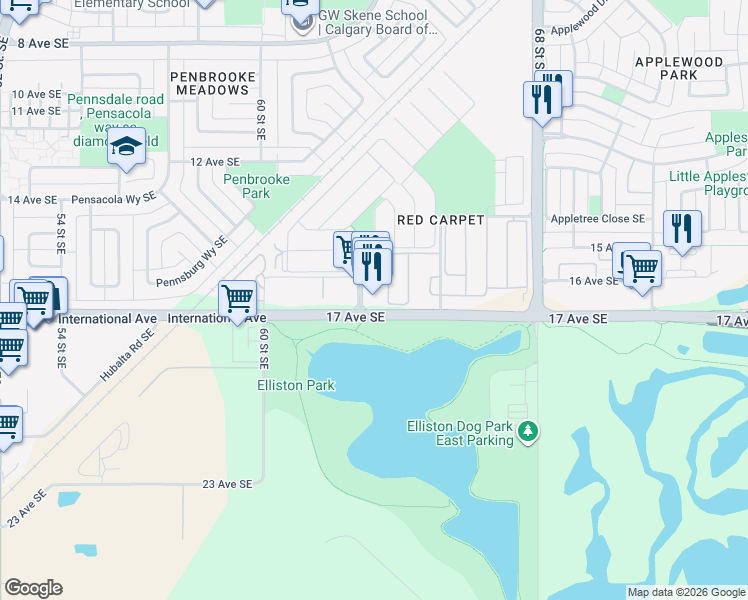 map of restaurants, bars, coffee shops, grocery stores, and more near 1704 61 Street Southeast in Calgary
