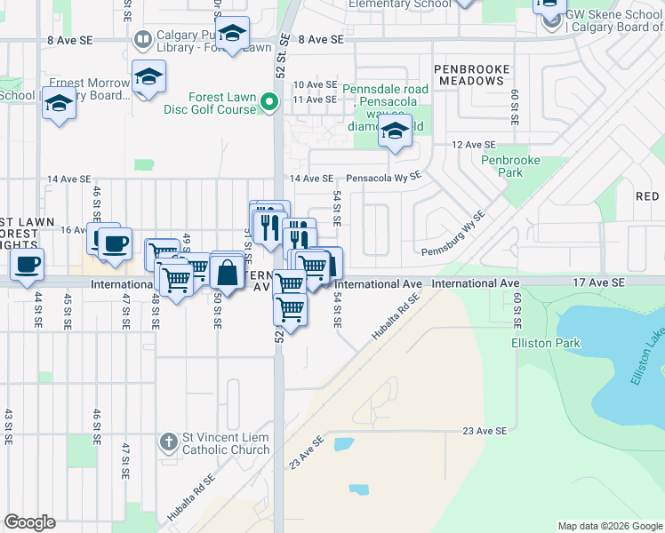 map of restaurants, bars, coffee shops, grocery stores, and more near 1727 54 Street Southeast in Calgary