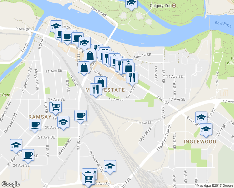 map of restaurants, bars, coffee shops, grocery stores, and more near in Calgary