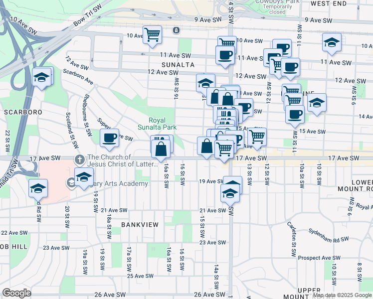 map of restaurants, bars, coffee shops, grocery stores, and more near in Calgary