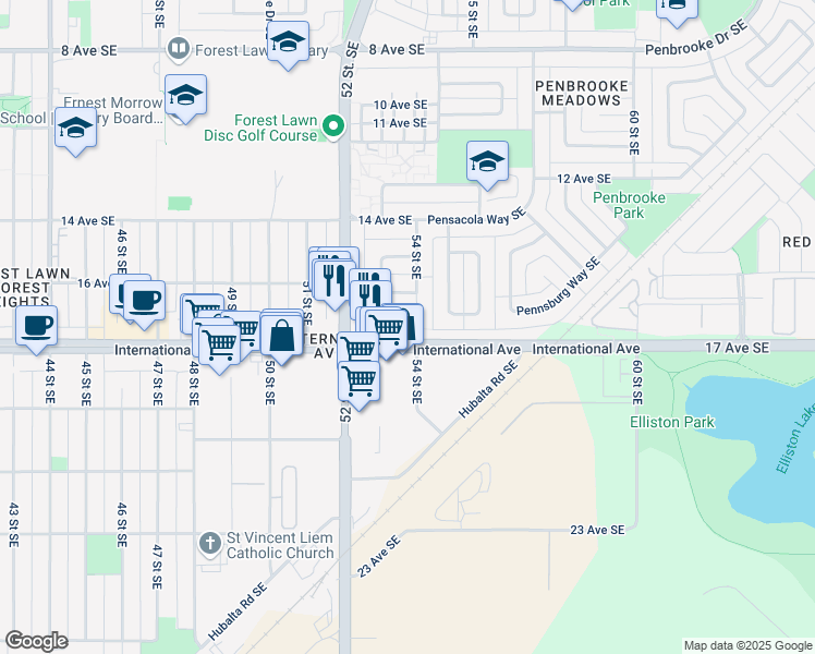 map of restaurants, bars, coffee shops, grocery stores, and more near in Calgary