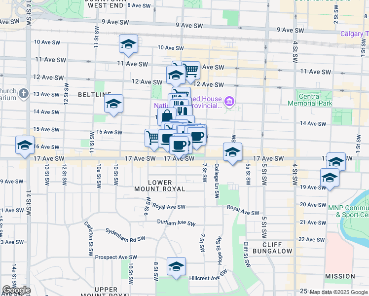 map of restaurants, bars, coffee shops, grocery stores, and more near 881 15 Avenue Southwest in Calgary