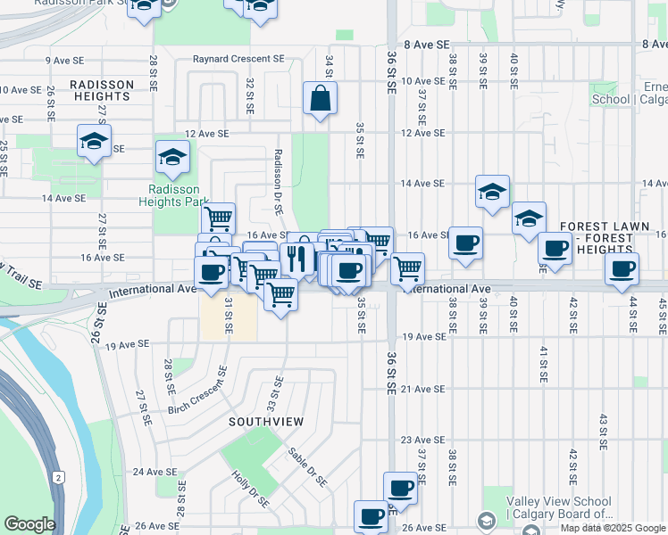 map of restaurants, bars, coffee shops, grocery stores, and more near 1711 34 Street Southeast in Calgary
