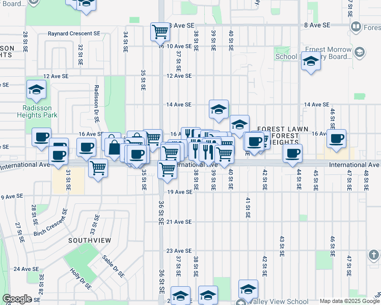 map of restaurants, bars, coffee shops, grocery stores, and more near 1725 38 Street Southeast in Calgary