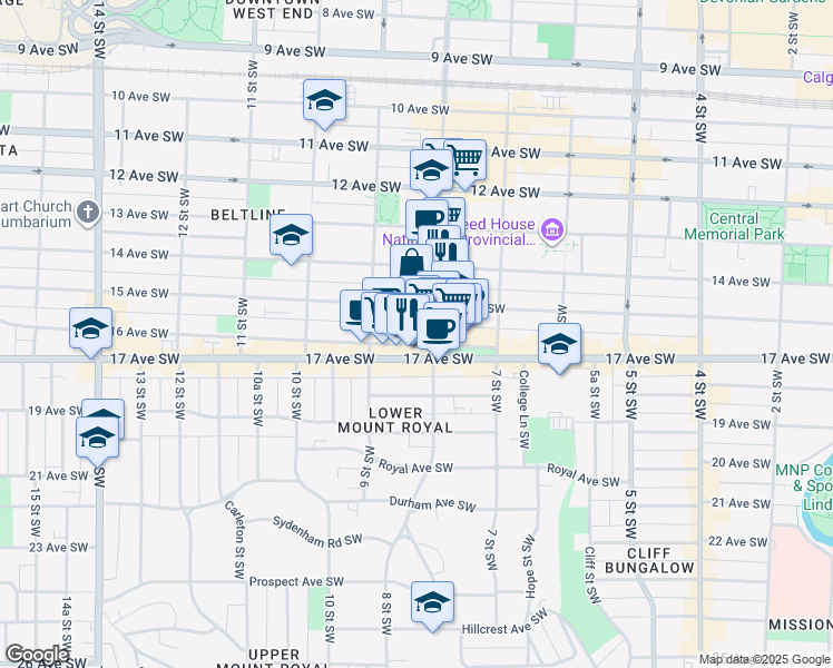 map of restaurants, bars, coffee shops, grocery stores, and more near in Calgary
