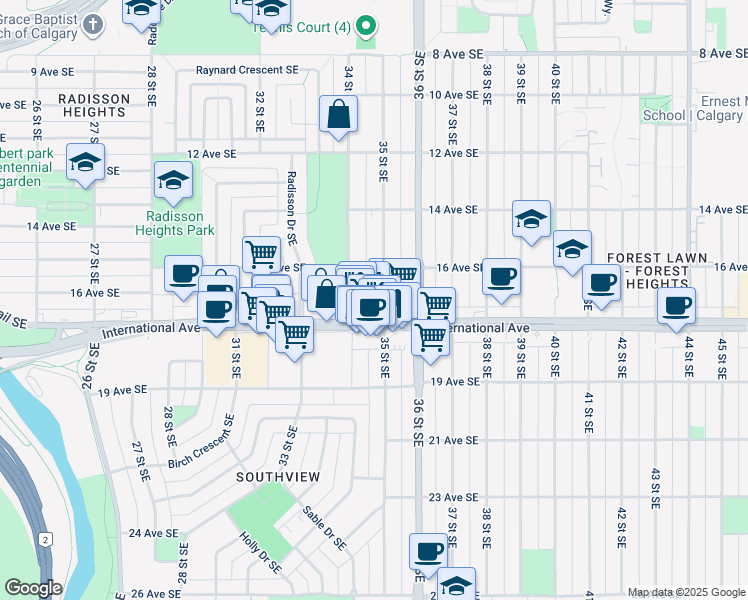 map of restaurants, bars, coffee shops, grocery stores, and more near 1723 35 Street Southeast in Calgary