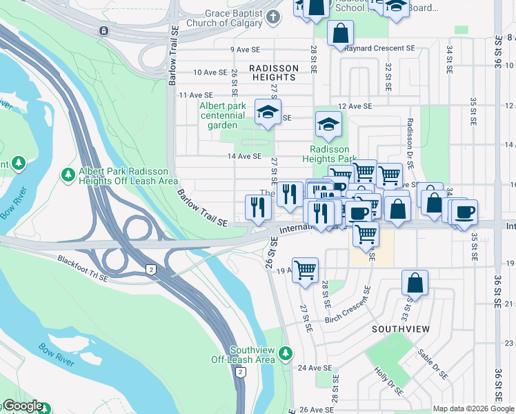 map of restaurants, bars, coffee shops, grocery stores, and more near 2723 16 Avenue Southeast in Calgary