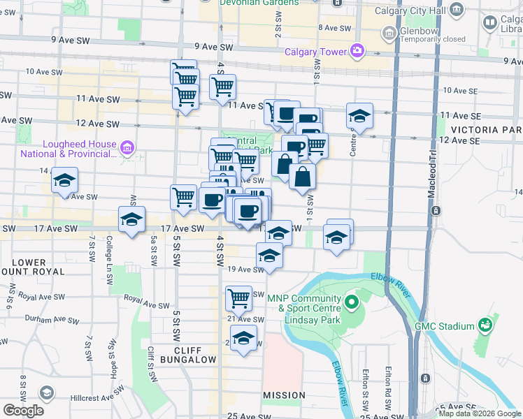 map of restaurants, bars, coffee shops, grocery stores, and more near 309 15 Avenue Southwest in Calgary