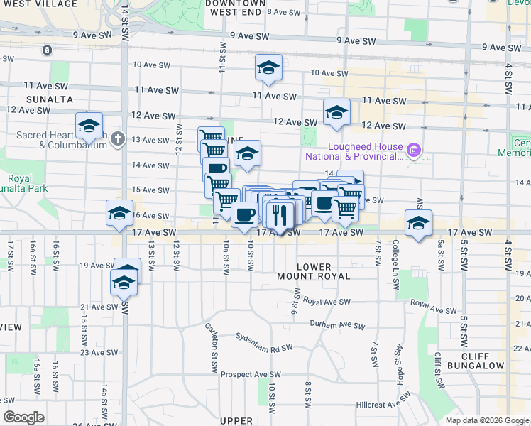 map of restaurants, bars, coffee shops, grocery stores, and more near 1030 16 Avenue Southwest in Calgary