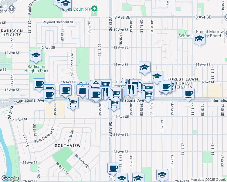 map of restaurants, bars, coffee shops, grocery stores, and more near in Calgary