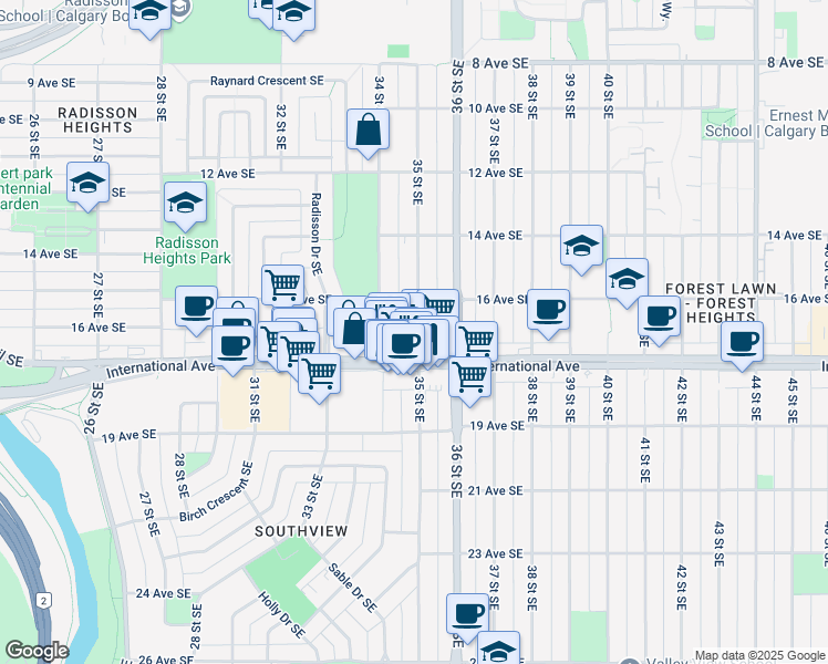 map of restaurants, bars, coffee shops, grocery stores, and more near in Calgary