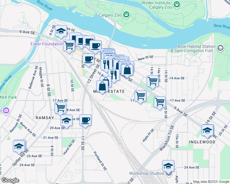 map of restaurants, bars, coffee shops, grocery stores, and more near 1339 10 Avenue Southeast in Calgary