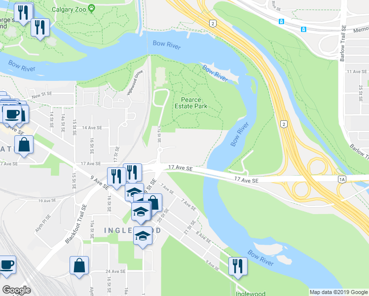 map of restaurants, bars, coffee shops, grocery stores, and more near 63 Inglewood Park Southeast in Calgary