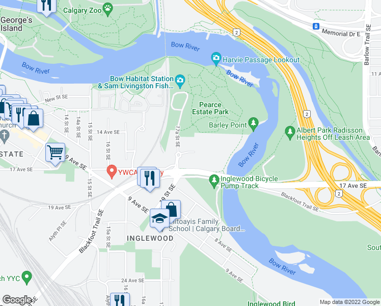 map of restaurants, bars, coffee shops, grocery stores, and more near 107 Inglewood Park Southeast in Calgary