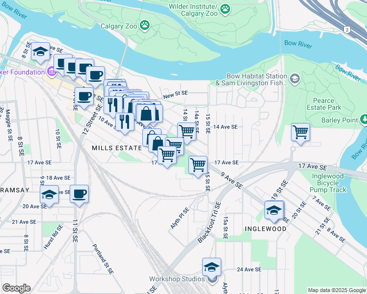 map of restaurants, bars, coffee shops, grocery stores, and more near in Calgary