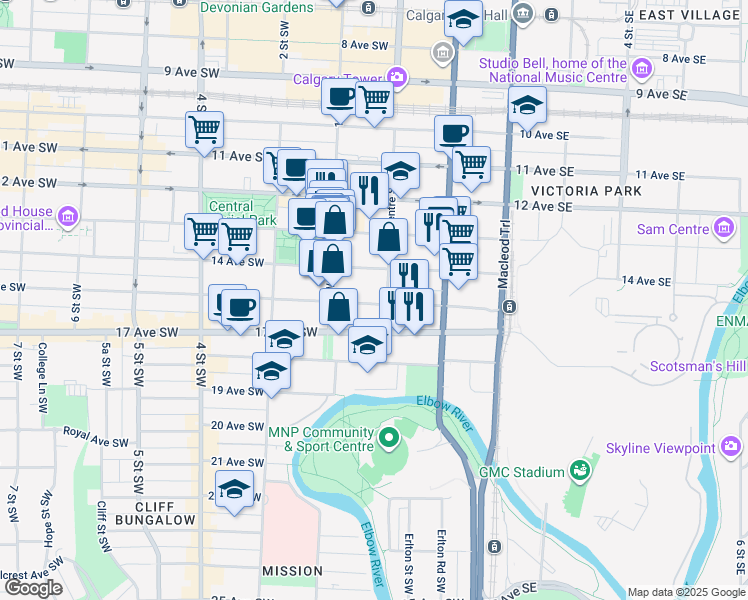 map of restaurants, bars, coffee shops, grocery stores, and more near in Calgary
