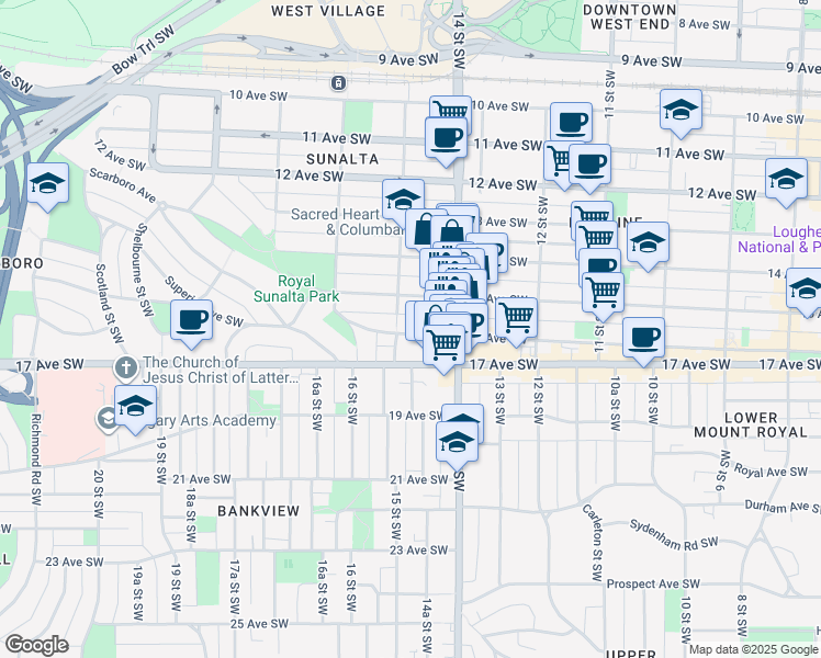 map of restaurants, bars, coffee shops, grocery stores, and more near in Calgary