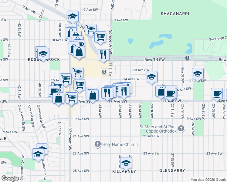 map of restaurants, bars, coffee shops, grocery stores, and more near 1712 33 Street Southwest in Calgary