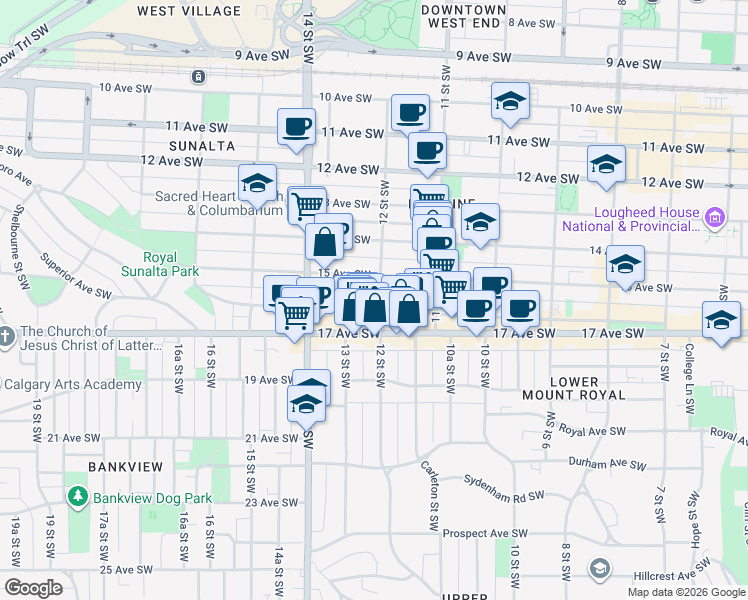 map of restaurants, bars, coffee shops, grocery stores, and more near 1515 12 Street Southwest in Calgary