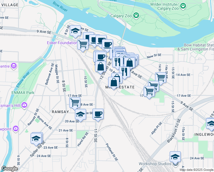 map of restaurants, bars, coffee shops, grocery stores, and more near in Calgary