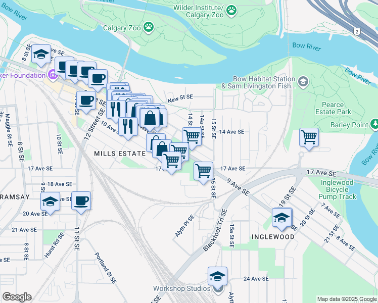 map of restaurants, bars, coffee shops, grocery stores, and more near 1526 9 Avenue Southeast in Calgary