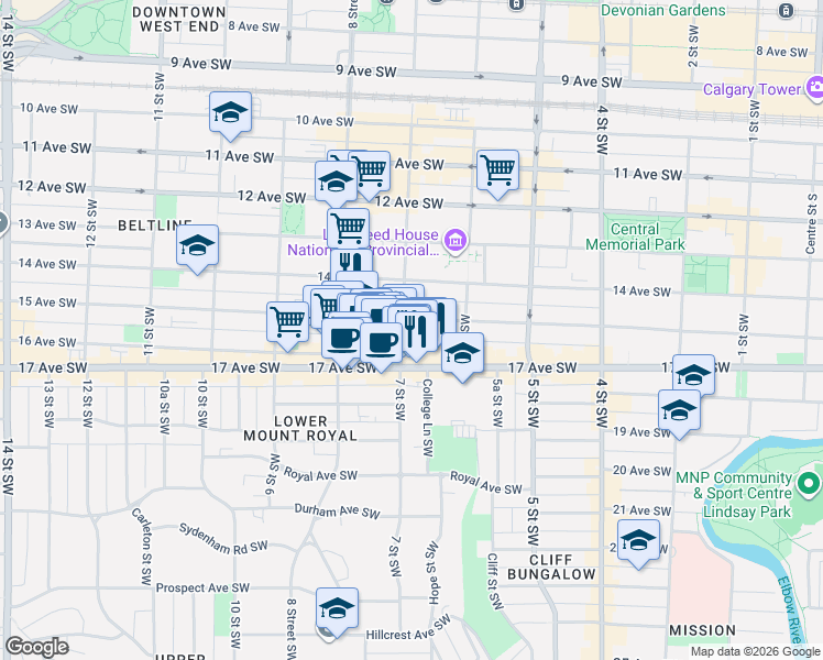 map of restaurants, bars, coffee shops, grocery stores, and more near in Calgary