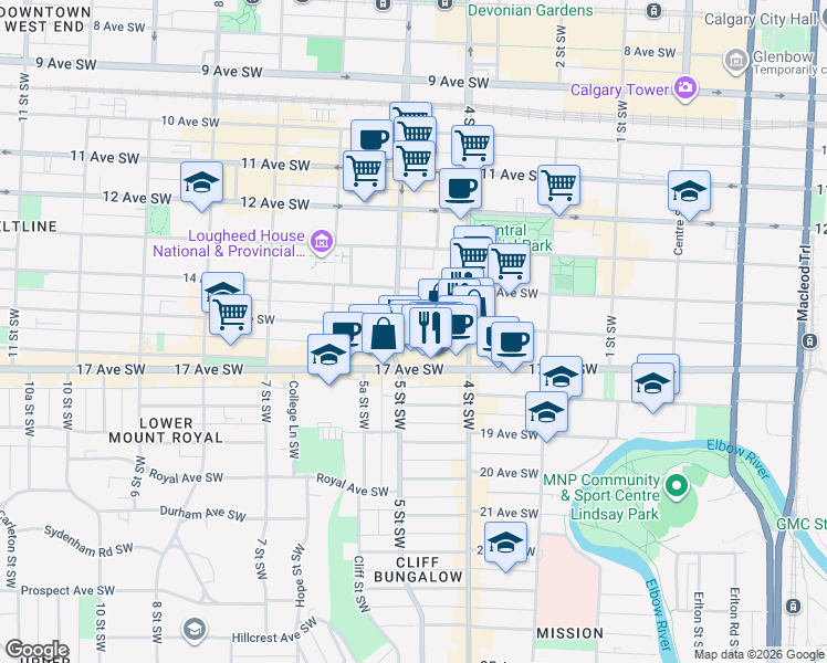 map of restaurants, bars, coffee shops, grocery stores, and more near in Calgary