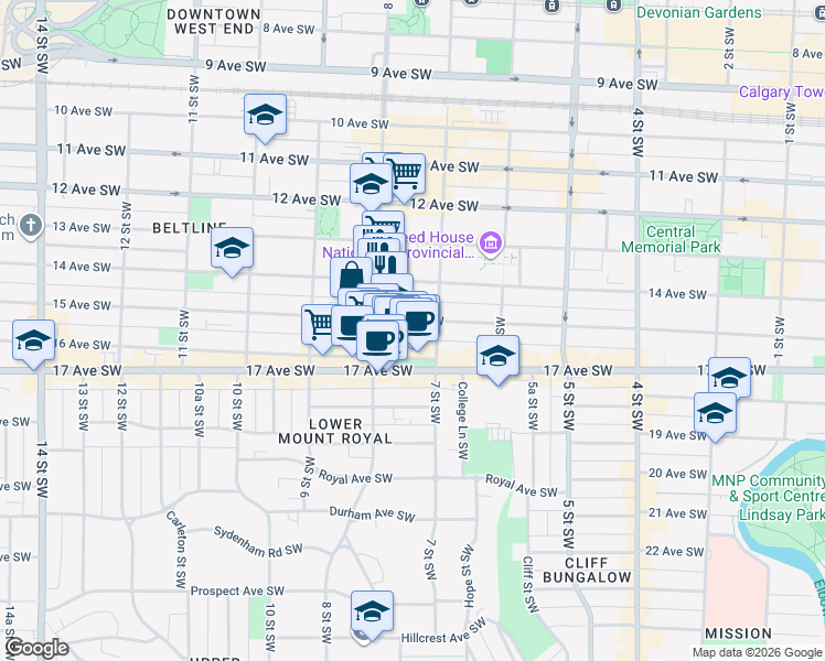 map of restaurants, bars, coffee shops, grocery stores, and more near in Calgary