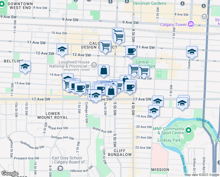 map of restaurants, bars, coffee shops, grocery stores, and more near in Calgary