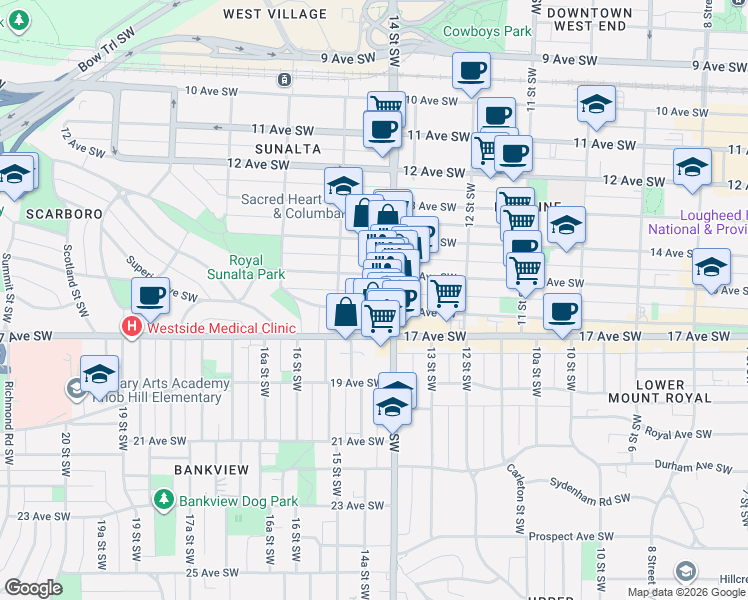map of restaurants, bars, coffee shops, grocery stores, and more near in Calgary