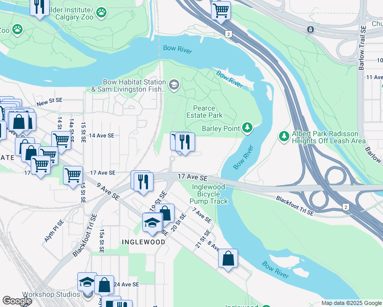 map of restaurants, bars, coffee shops, grocery stores, and more near 107 Inglewood Park Southeast in Calgary