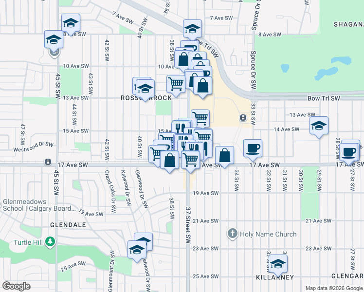 map of restaurants, bars, coffee shops, grocery stores, and more near 1611 37 Street Southwest in Calgary