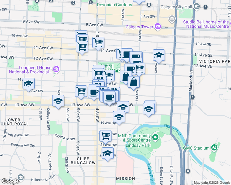 map of restaurants, bars, coffee shops, grocery stores, and more near in Calgary