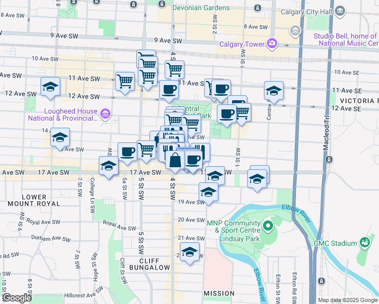 map of restaurants, bars, coffee shops, grocery stores, and more near in Calgary