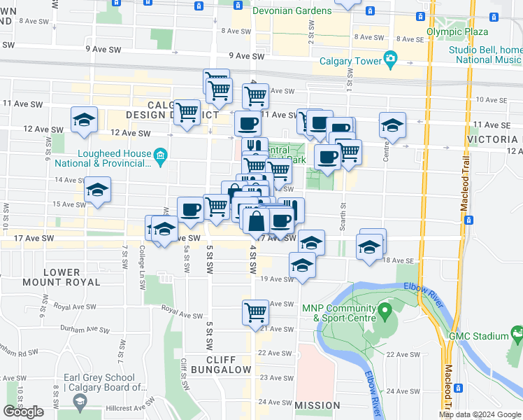 map of restaurants, bars, coffee shops, grocery stores, and more near in Calgary