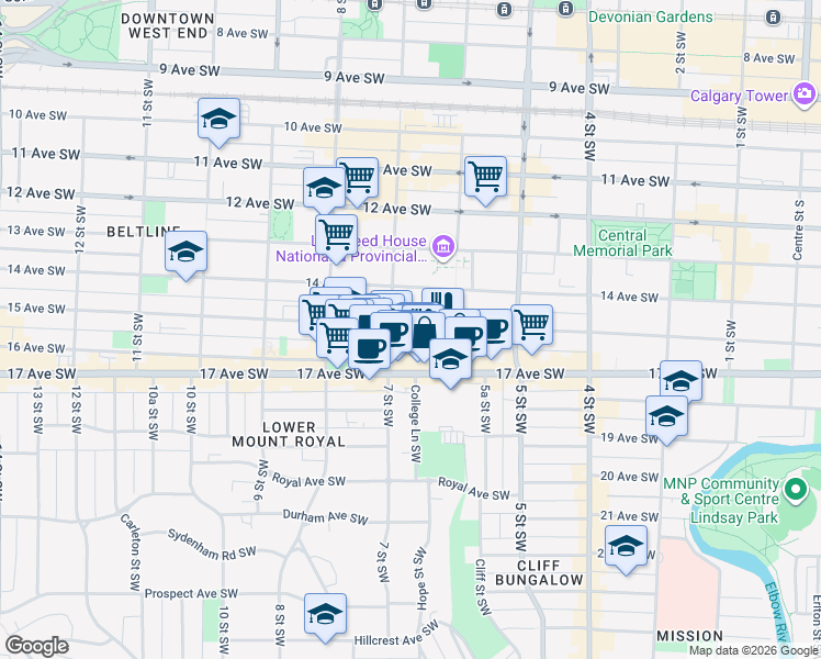 map of restaurants, bars, coffee shops, grocery stores, and more near 709 14 Avenue Southwest in Calgary