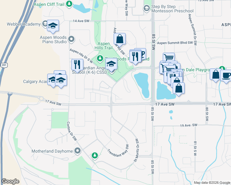 map of restaurants, bars, coffee shops, grocery stores, and more near 211 Aspen Stone Boulevard Southwest in Calgary