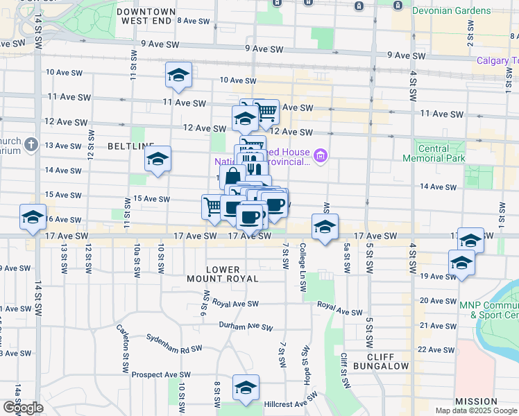 map of restaurants, bars, coffee shops, grocery stores, and more near 881 15 Avenue Southwest in Calgary