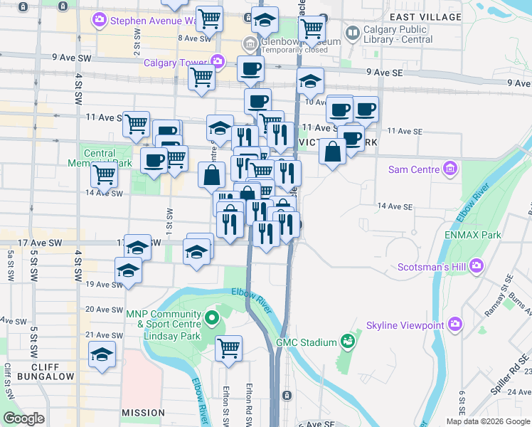 map of restaurants, bars, coffee shops, grocery stores, and more near 1410 1st Street Southeast in Calgary