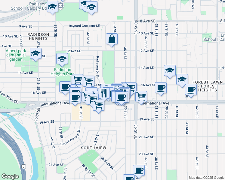 map of restaurants, bars, coffee shops, grocery stores, and more near 1711 34 Street Southeast in Calgary