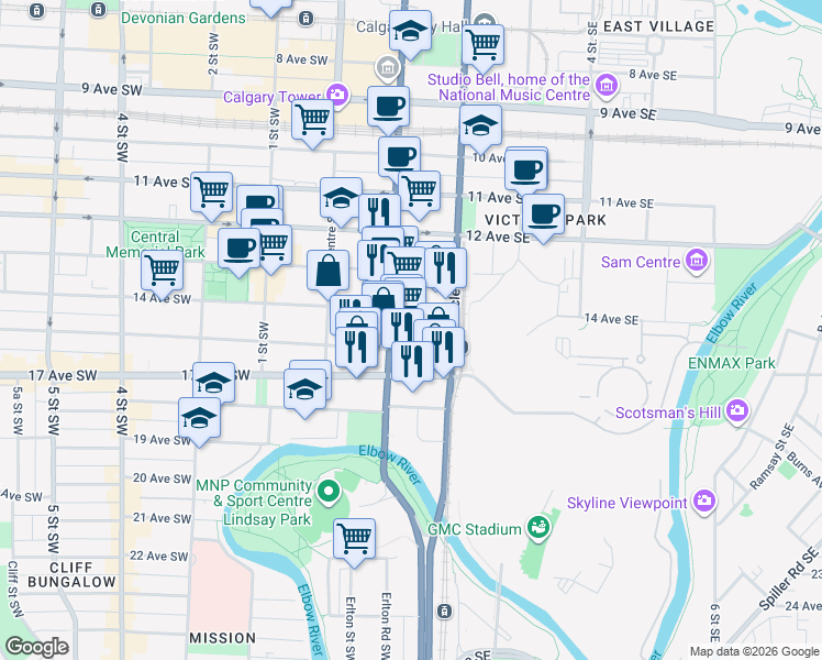 map of restaurants, bars, coffee shops, grocery stores, and more near 1410 1st Street Southeast in Calgary