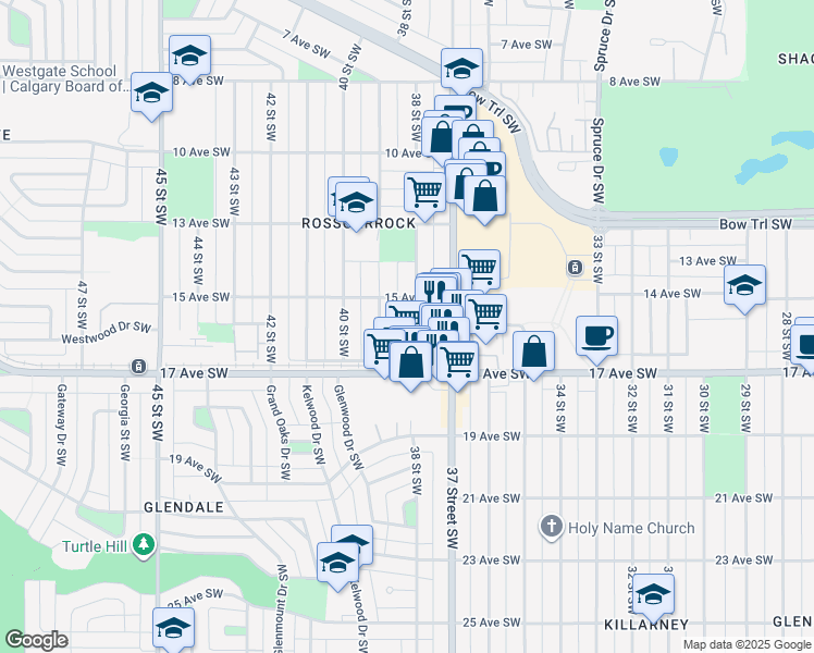 map of restaurants, bars, coffee shops, grocery stores, and more near 1619 38 Street Southwest in Calgary