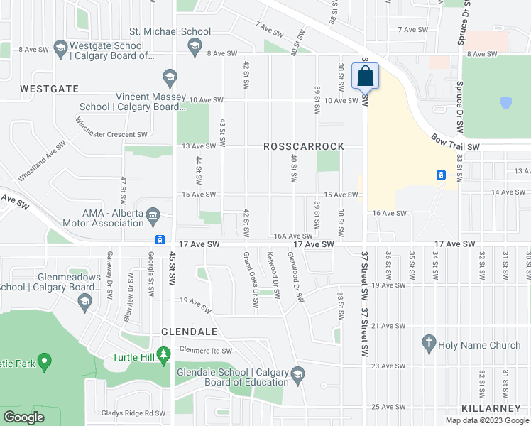 map of restaurants, bars, coffee shops, grocery stores, and more near 1619 41 Street Southwest in Calgary